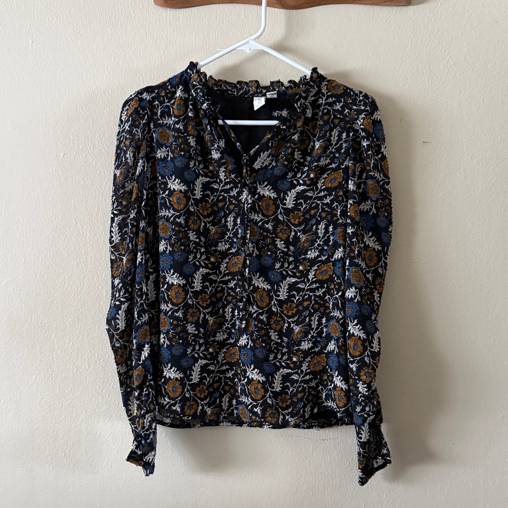 Joie Black Floral Ruffle Tie Neck Sheer Sleeve Lined Clip Dot Blouse size XS